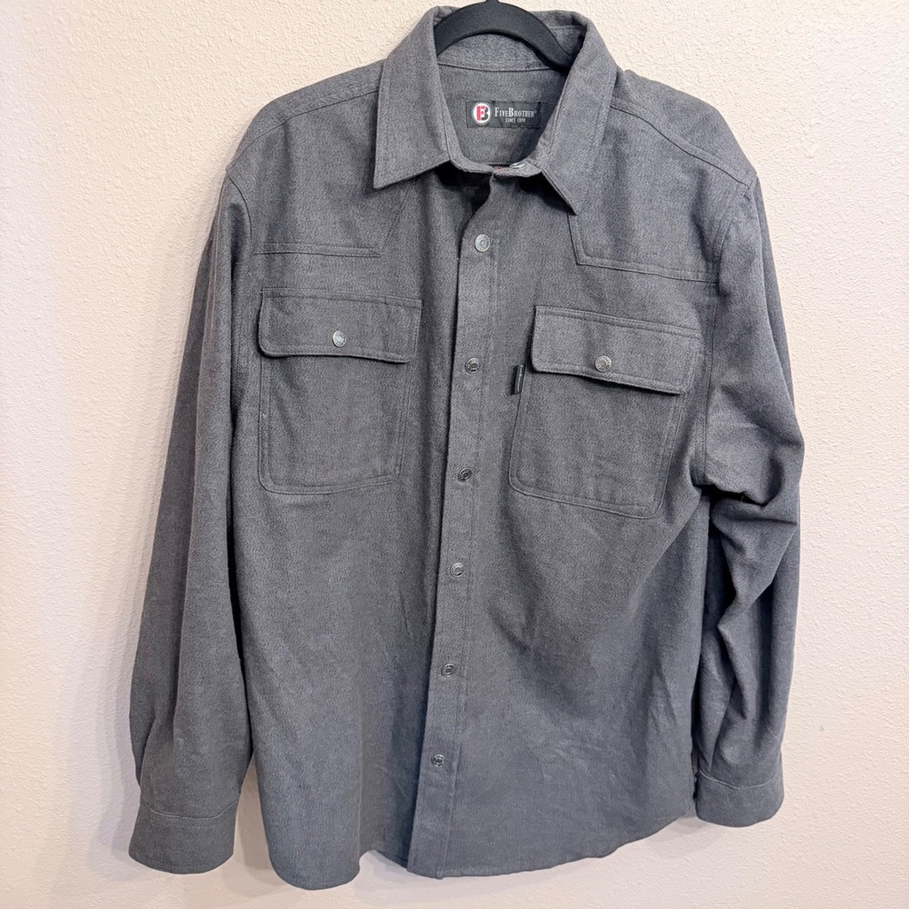FiveBrother Mens Gray Flannel Long Sleeve Button Down Work Shirt Size M-R Cotton